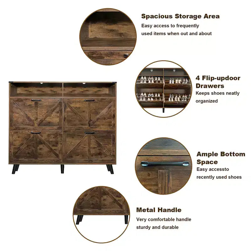 Rangement à chaussures, Meuble de rangement à chaussures autoportant avec 4 tiroirs basculants et design de porte de grange, Commode à chaussures étroite et mince, pour entrée, hall, couloir