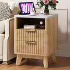 AMERLIFE Fluted Nightstand with Charging Station and Faux Marble Top