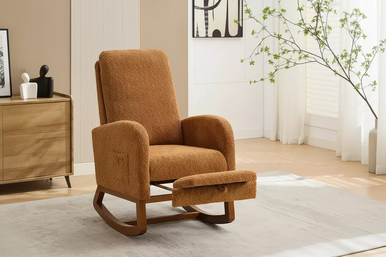 Okak Rocking Accent Chair Living Room Chair with High Back Glider and Side Pocket Retractable Footrest Armchair for Bedroom Nursery