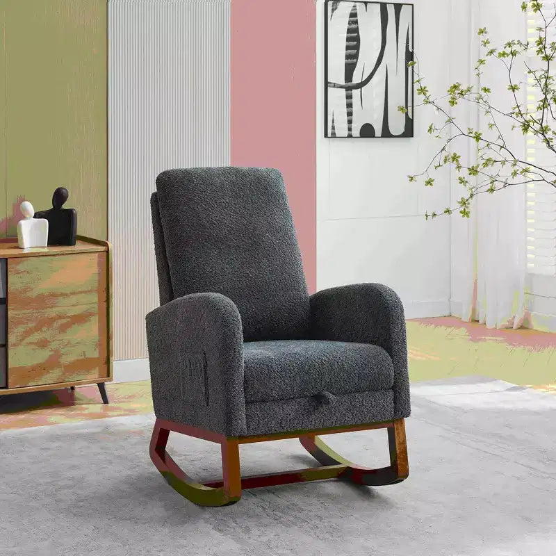 Fauteuil à bascule avec dossier haut, poche latérale et repose-pieds rétractable