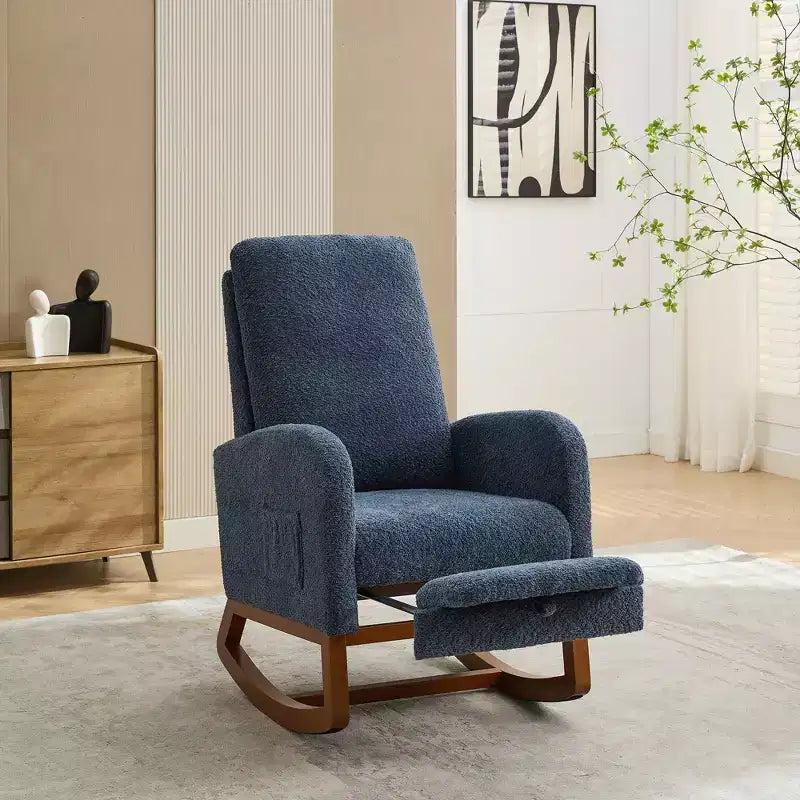 Fauteuil à bascule avec dossier haut, poche latérale et repose-pieds rétractable