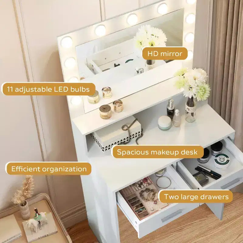 Coiffeuse 2 niveaux avec miroir tactile LED et grand tiroir – Rose