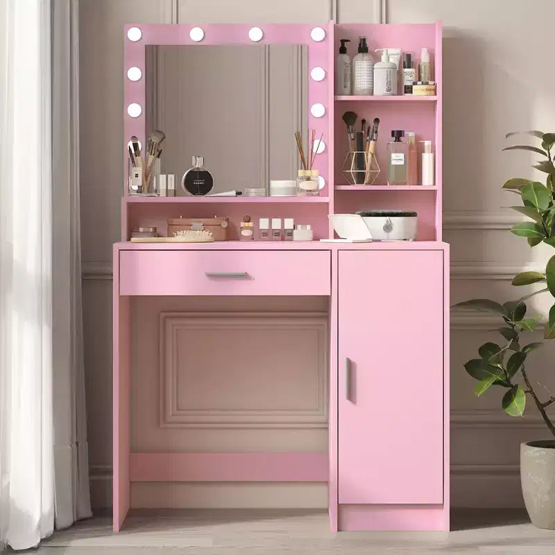 Coiffeuse 2 niveaux avec miroir tactile LED et grand tiroir – Rose