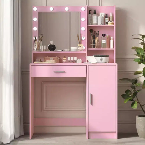 Coiffeuse 2 niveaux avec miroir tactile LED et grand tiroir – Rose