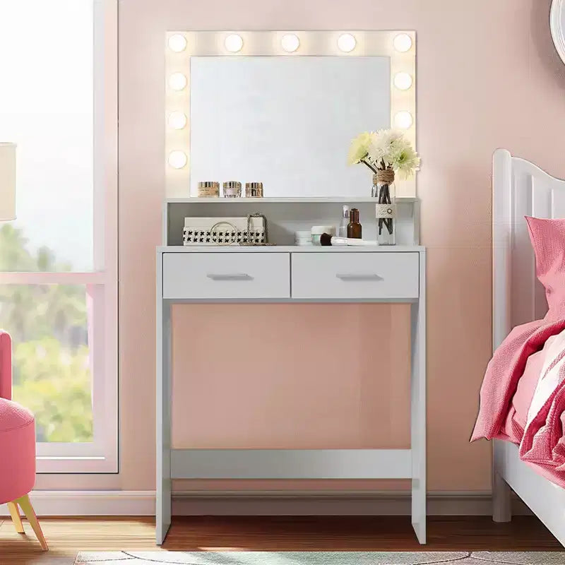 Coiffeuse 2 niveaux avec miroir tactile LED et grand tiroir – Rose
