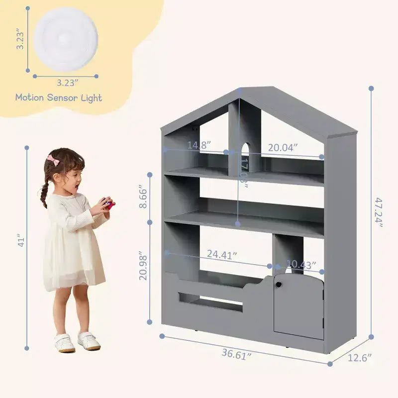 Étagère à Livres pour Enfants, Organisateur de Rangement de Jouets, Bibliothèque en Bois pour Enfants avec Lumière à Détecteur de Mouvement, Bibliothèque Maison de Poupée pour Salle de Jeux Chambre d'Enfant Crèche Salle de Classe