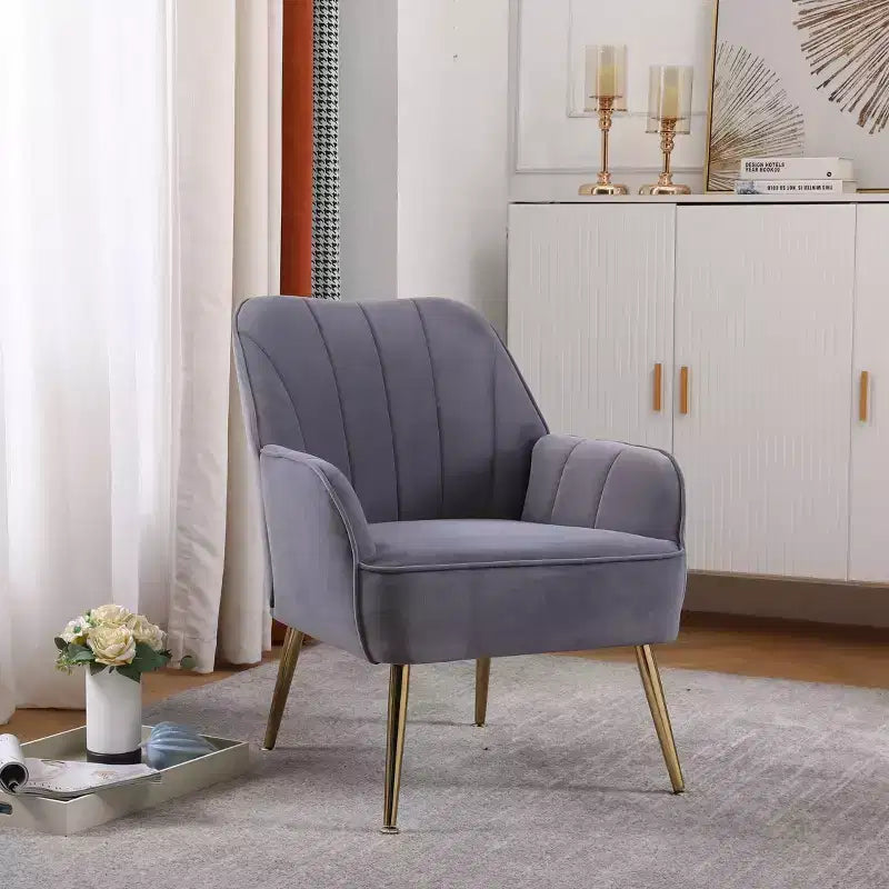 Fauteuil d'appoint en velours Mid-Century avec pieds en bois doré