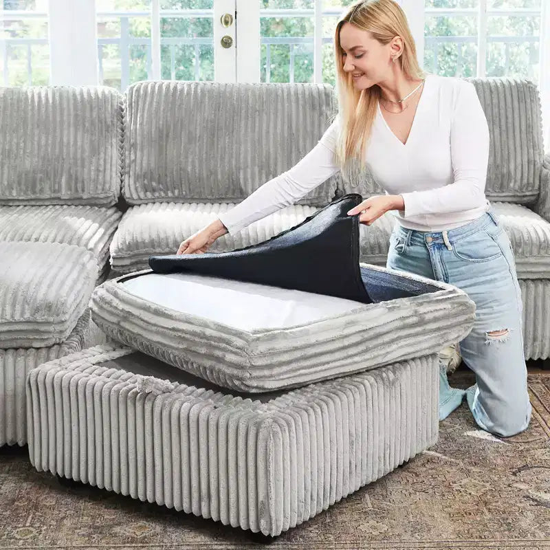Canapé sectionnel d'angle en velours côtelé 6 places avec pouf de rangement