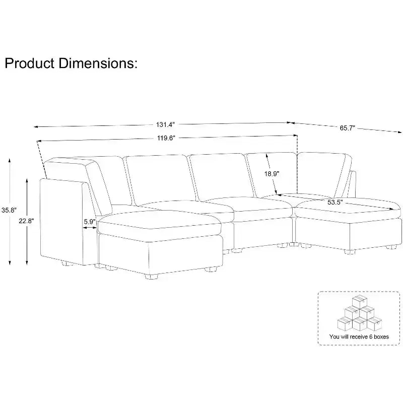 Canapé sectionnel d'angle en velours côtelé 6 places avec pouf de rangement