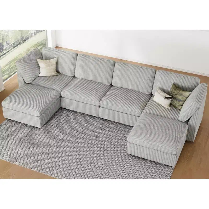 Canapé sectionnel d'angle en velours côtelé 6 places avec pouf de rangement
