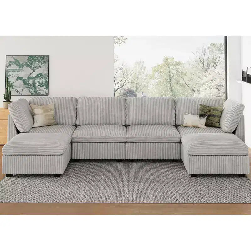 Canapé sectionnel d'angle en velours côtelé 6 places avec pouf de rangement