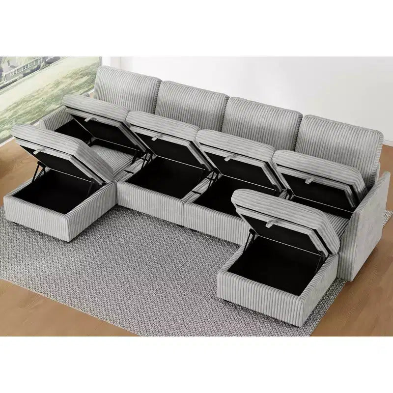 Canapé sectionnel d'angle en velours côtelé 6 places avec pouf de rangement