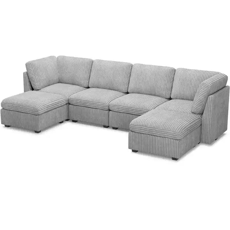 Canapé sectionnel d'angle en velours côtelé 6 places avec pouf de rangement