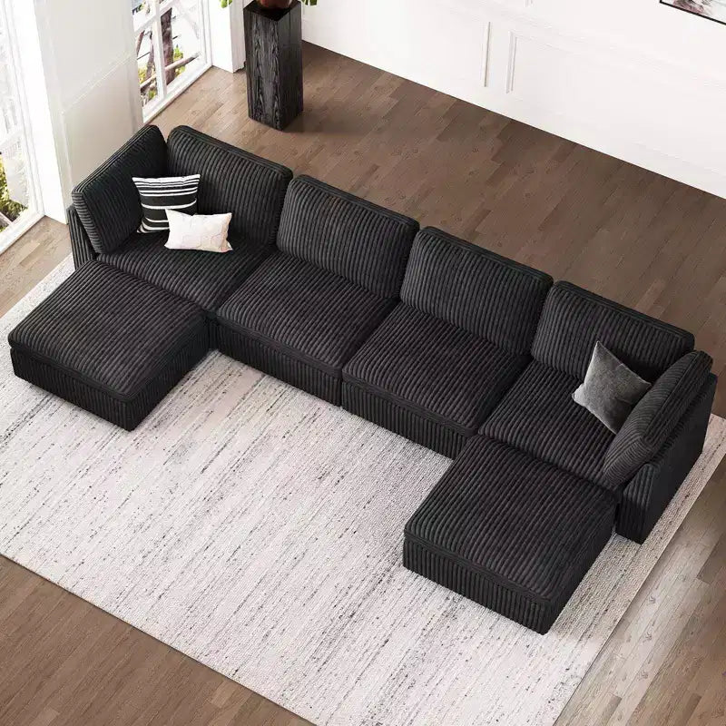 Canapé sectionnel d'angle en velours côtelé 6 places avec pouf de rangement