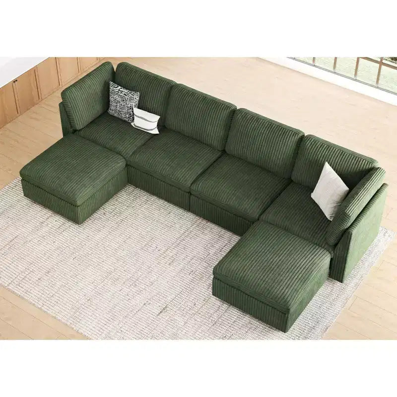 Canapé sectionnel d'angle en velours côtelé 6 places avec pouf de rangement