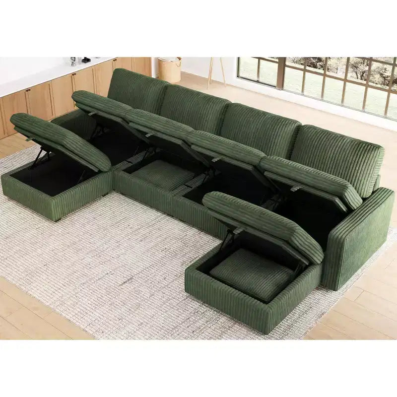 Canapé sectionnel d'angle en velours côtelé 6 places avec pouf de rangement