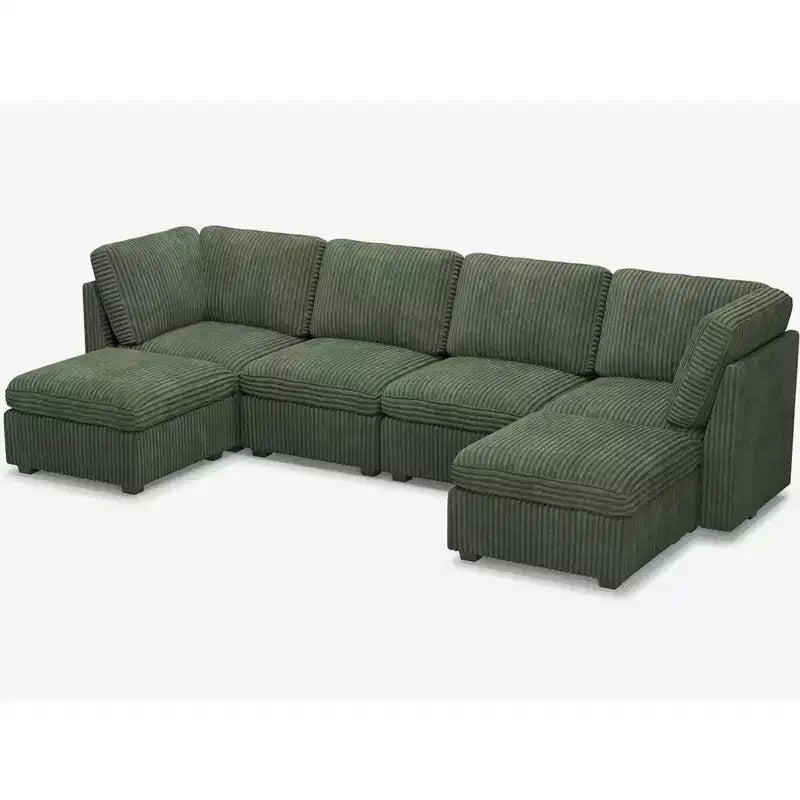 Canapé sectionnel d'angle en velours côtelé 6 places avec pouf de rangement