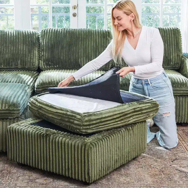 Canapé sectionnel d'angle en velours côtelé 6 places avec pouf de rangement