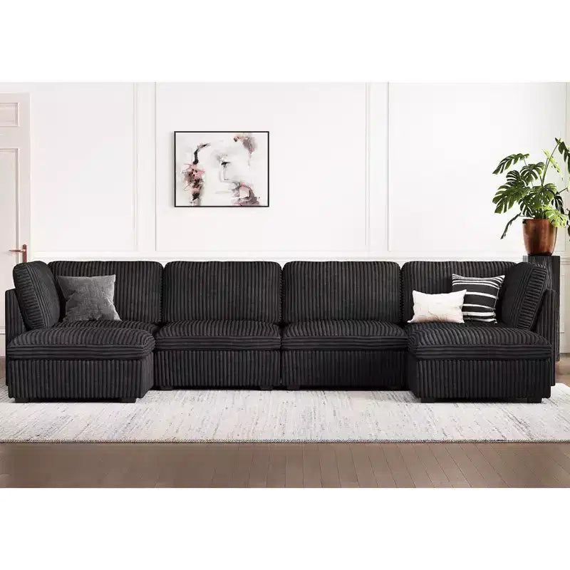 Canapé sectionnel d'angle en velours côtelé 6 places avec pouf de rangement
