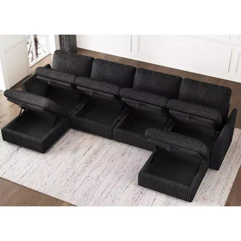 Canapé sectionnel d'angle en velours côtelé 6 places avec pouf de rangement