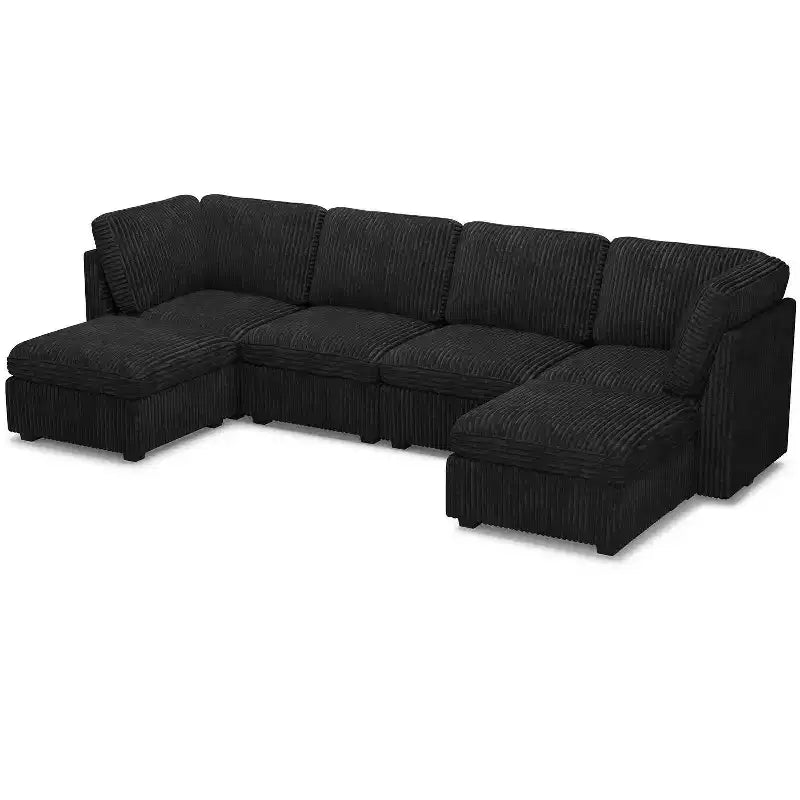 Canapé sectionnel d'angle en velours côtelé 6 places avec pouf de rangement