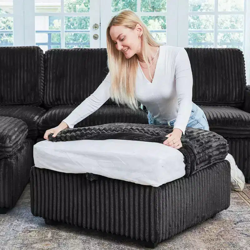 Canapé sectionnel d'angle en velours côtelé 6 places avec pouf de rangement