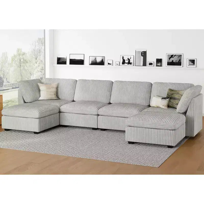 Canapé sectionnel d'angle en velours côtelé 6 places avec pouf de rangement