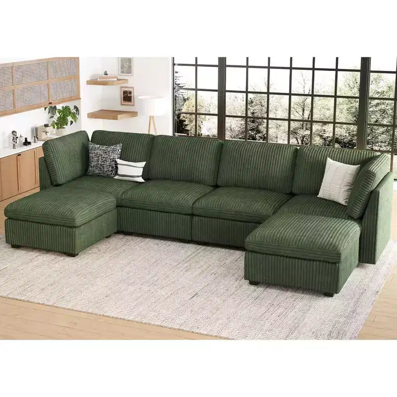 Canapé sectionnel d'angle en velours côtelé 6 places avec pouf de rangement