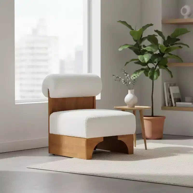 Fauteuil Boucle avec dossier roulé et base en bois massif