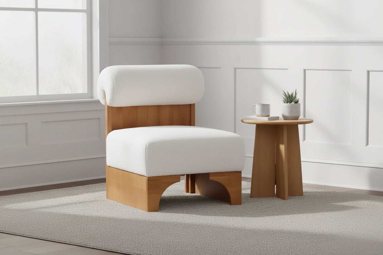 Homy Casa Accent Chair with Rolled Backrest and Solid Wood Base, Boucle Upholstery
