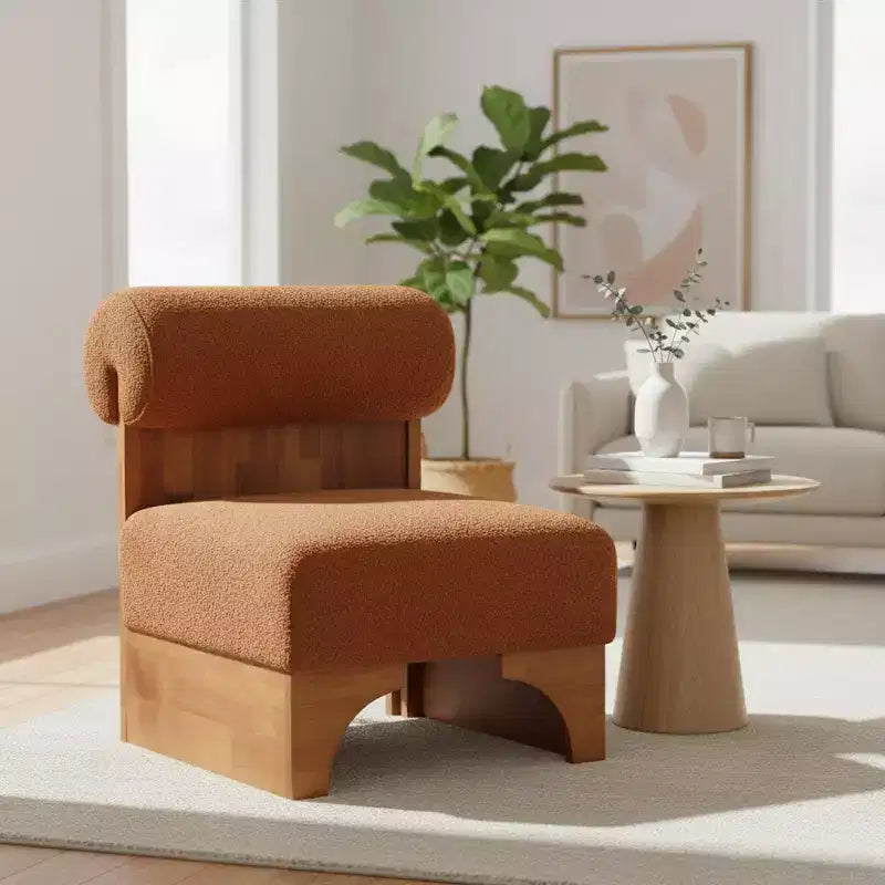 Fauteuil Boucle avec dossier roulé et base en bois massif