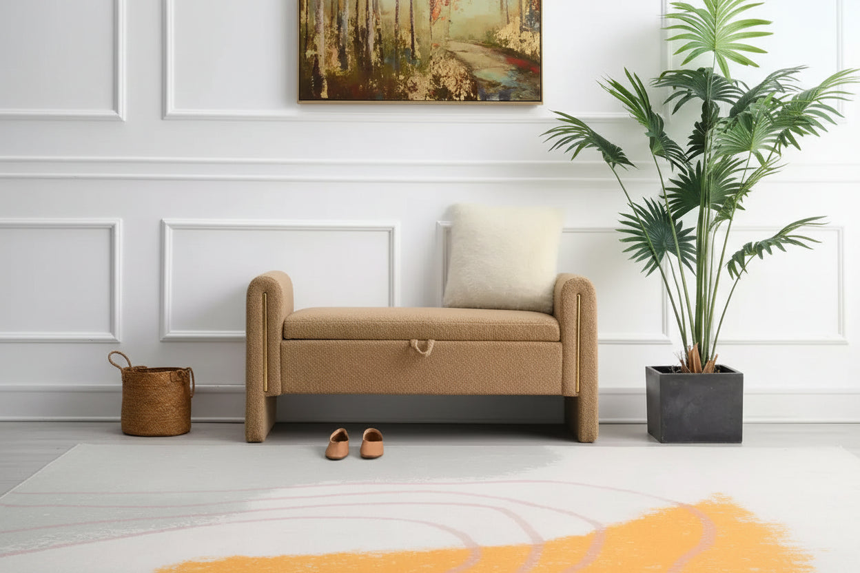 Modern Upholstered Bedroom Bench, Large Storage Ottoman with Armrest for End of Bed, Living Room, Entryway, or Reading Room