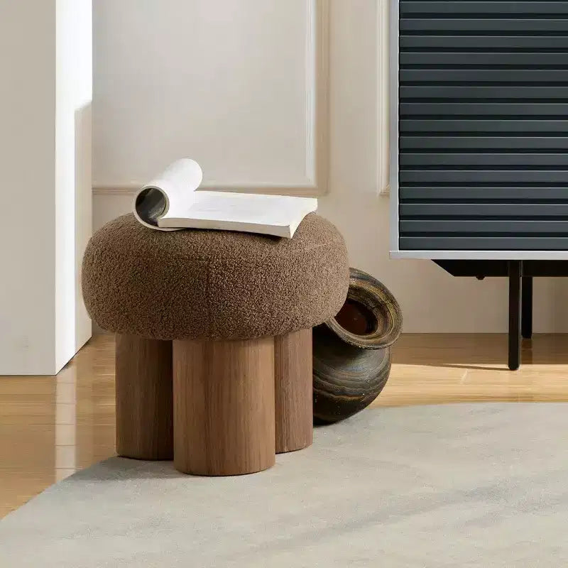 Tabouret d'appoint champignon en peluche avec pieds en bois – Forme de tonneau de 43 cm