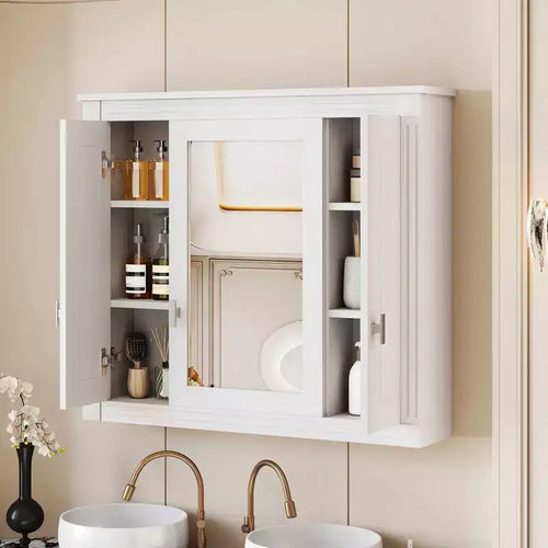 Meuble de salle de bain avec miroir de 35", 5 étagères réglables et portes en verre – Blanc