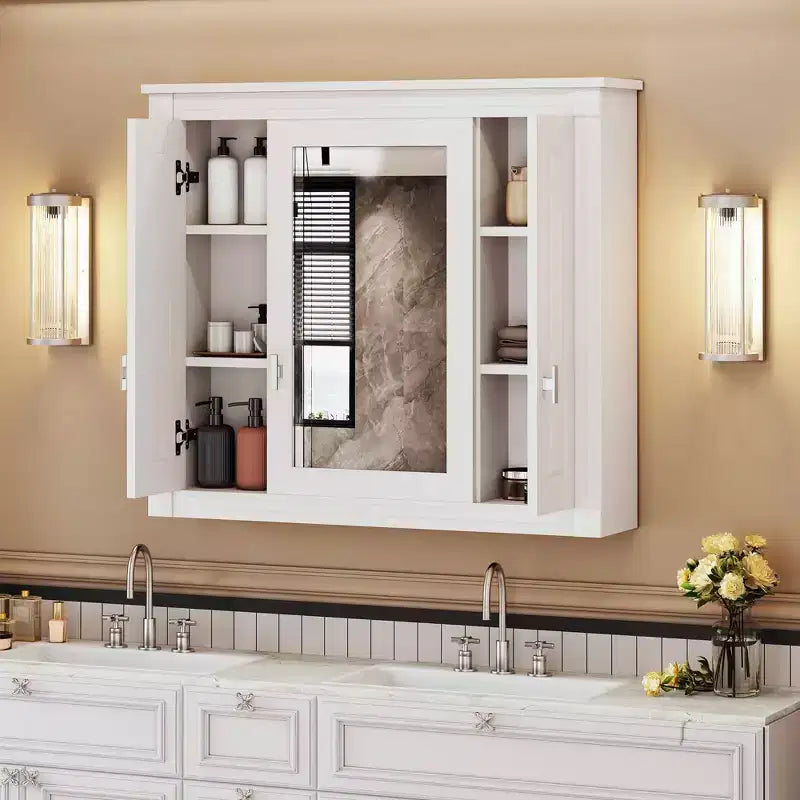 Meuble de salle de bain avec miroir de 35", 5 étagères réglables et portes en verre – Blanc