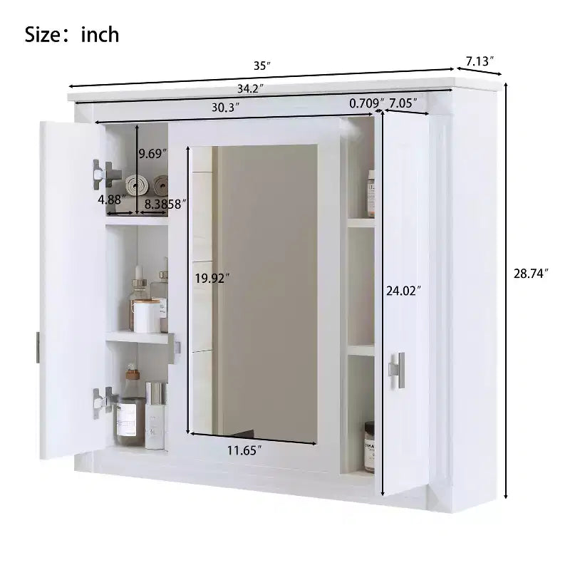 Meuble de salle de bain avec miroir de 35", 5 étagères réglables et portes en verre – Blanc