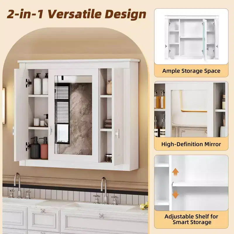 Meuble de salle de bain avec miroir de 35", 5 étagères réglables et portes en verre – Blanc