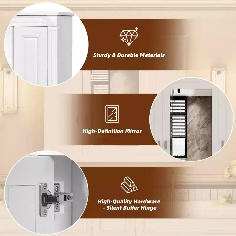 Meuble de salle de bain avec miroir de 35", 5 étagères réglables et portes en verre – Blanc