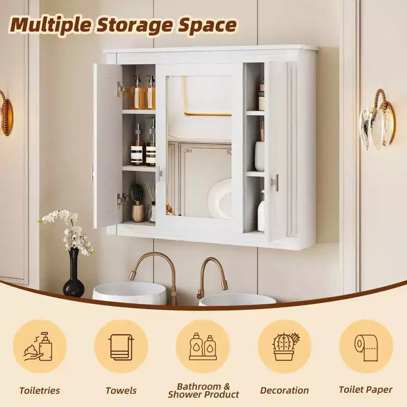 Meuble de salle de bain avec miroir de 35", 5 étagères réglables et portes en verre – Blanc
