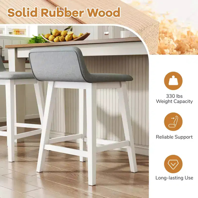 Tabourets de bar rembourrés 61 cm avec dossier bas, repose-pieds et pieds en bois – Îlot de cuisine
