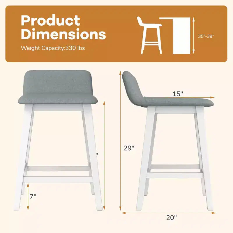 Tabourets de bar rembourrés 61 cm avec dossier bas, repose-pieds et pieds en bois – Îlot de cuisine