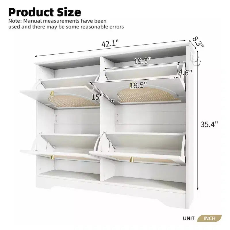 Meuble à chaussures étroit de style Mid-Century avec 4 tiroirs basculants et portes en rotin – Blanc