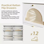Meuble à chaussures étroit de style Mid-Century avec 4 tiroirs basculants et portes en rotin – Blanc