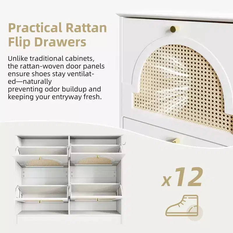 Meuble à chaussures étroit de style Mid-Century avec 4 tiroirs basculants et portes en rotin – Blanc