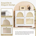 Meuble à chaussures étroit de style Mid-Century avec 4 tiroirs basculants et portes en rotin – Blanc