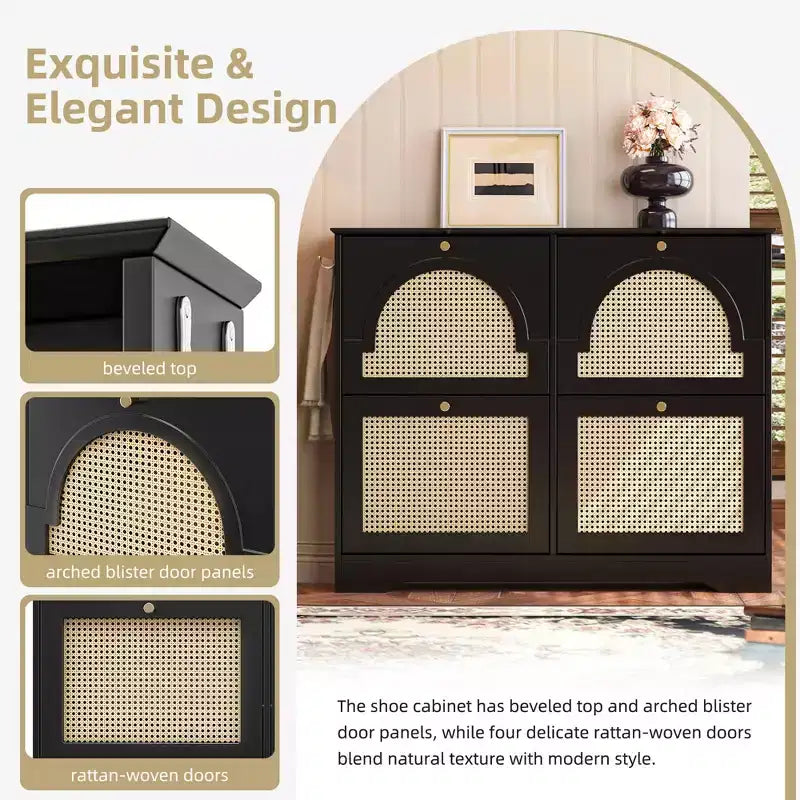 Meuble à chaussures étroit de style Mid-Century avec 4 tiroirs basculants et portes en rotin – Blanc