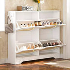 Meuble à chaussures étroit de style Mid-Century avec 4 tiroirs basculants et portes en rotin – Blanc