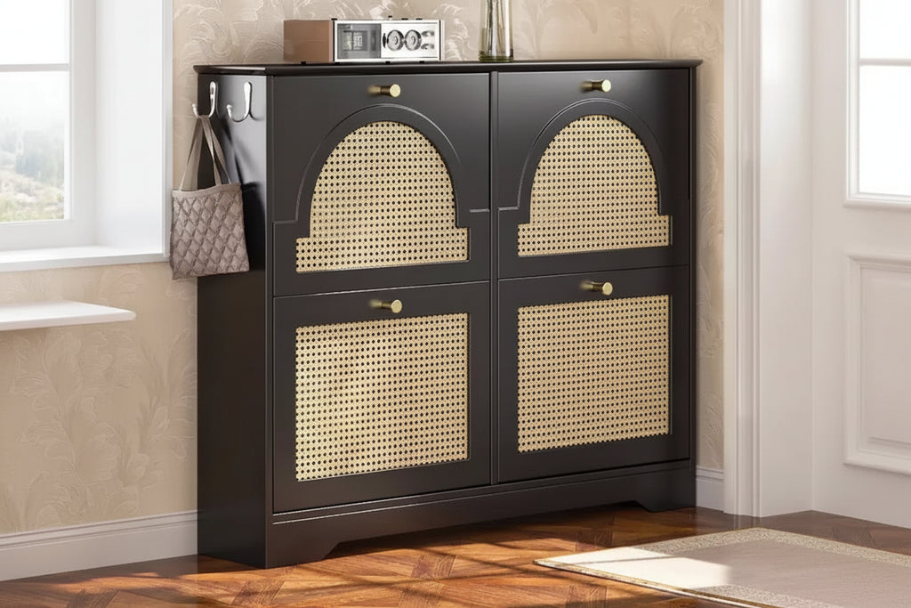 MAYEERTY Mid-Century Narrow Tipping Bucket Shoe Cabinet, 4 Flip Drawers 4 Rattan Doors 2 Silvery Hooks 42.1W, White