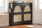 MAYEERTY Mid-Century Narrow Tipping Bucket Shoe Cabinet, 4 Flip Drawers 4 Rattan Doors 2 Silvery Hooks 42.1W, White