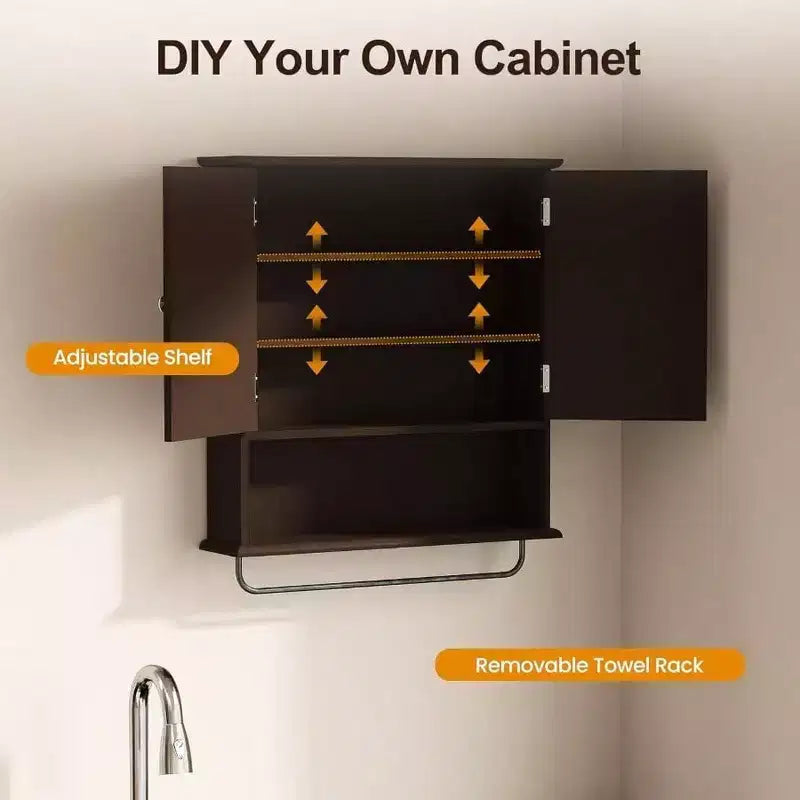 Meuble de salle de bain mural au-dessus des toilettes avec porte-serviettes et étagère réglable Grand meuble de rangement marron 22x25 pouces